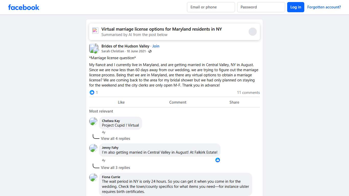 Brides of the Hudson Valley *Marriage license question* Facebook